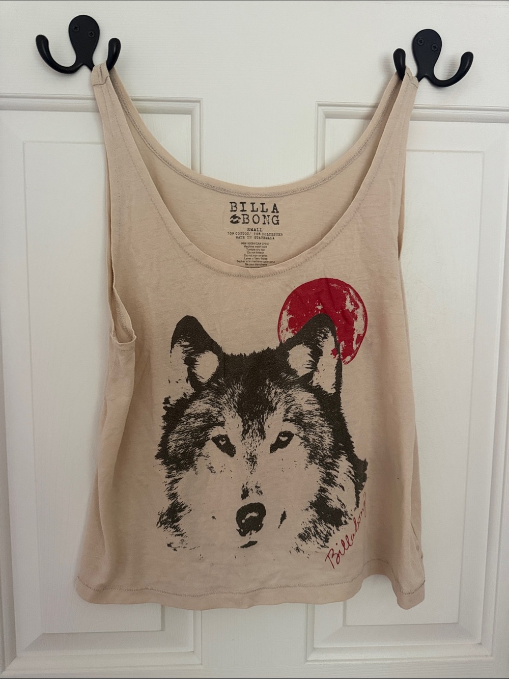 Billabong Beige Tank Top with Black Wolf and Red Moon Graphic